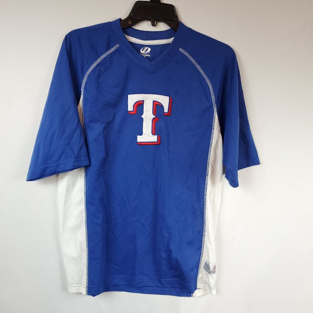 Dynasty Mens Blue White Texas Rangers Jersey Shirt V Neck Sz Medium